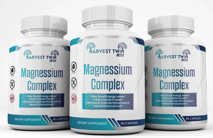 Three white supplement bottles of Harvest Twin Labs Magnesium Complex arranged in a row against a light gray background.