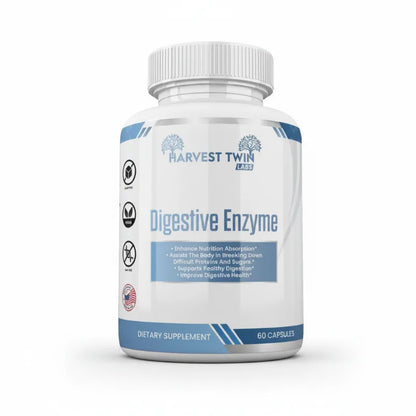 A white bottle of Harvest Twin Labs Digestive Enzyme dietary supplement with blue and gray text and icons, shown on a clean white background.