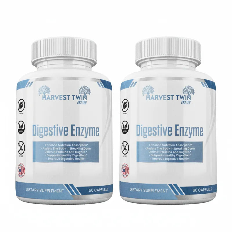 Two white bottles of Harvest Twin F3.0 Digestive Enzyme dietary supplement, displayed side-by-side on a clean white background.
