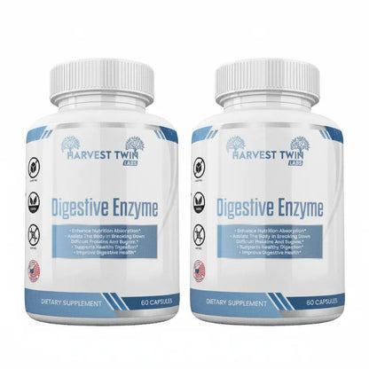 Two white bottles of Harvest Twin F3.0 Digestive Enzyme dietary supplement, displayed side-by-side on a clean white background.