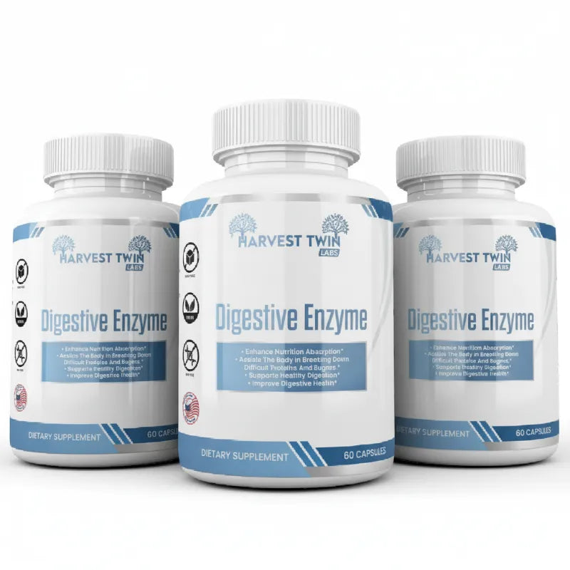 Three white supplement bottles of Harvest Twin Labs Digestive Enzyme arranged in a row on a white background.