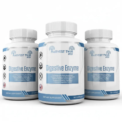 Three white supplement bottles of Harvest Twin Labs Digestive Enzyme arranged in a row on a white background.
