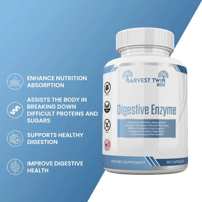 A white bottle of Harvest Twin Labs Digestive Enzyme dietary supplement shown on a blue graphic background with marketing text on the left.