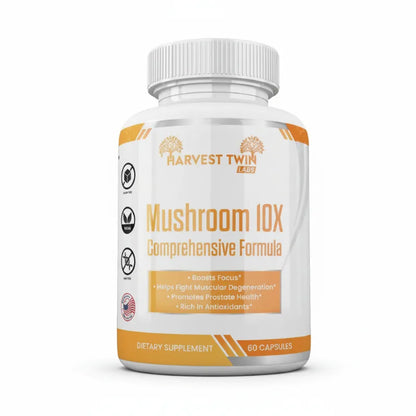 A white plastic bottle of Harvest Twin Labs Mushroom 10X Comprehensive Formula dietary supplement, featuring a white cap and a white label with orange and black text and icons, set against a plain white background.