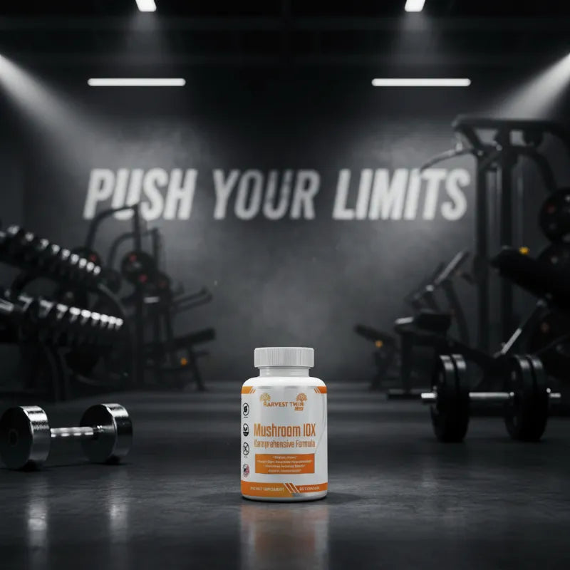 A bottle of Harvest Well Labs Mushroom DX supplement stands on a dark gym floor with dumbbells and exercise equipment blurred in the background under spotlights. The wall behind reads 'PUSH YOUR LIMITS'.
