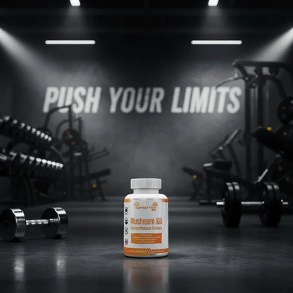 A bottle of Harvest Well Labs Mushroom DX supplement stands on a dark gym floor with dumbbells and exercise equipment blurred in the background under spotlights. The wall behind reads 'PUSH YOUR LIMITS'.