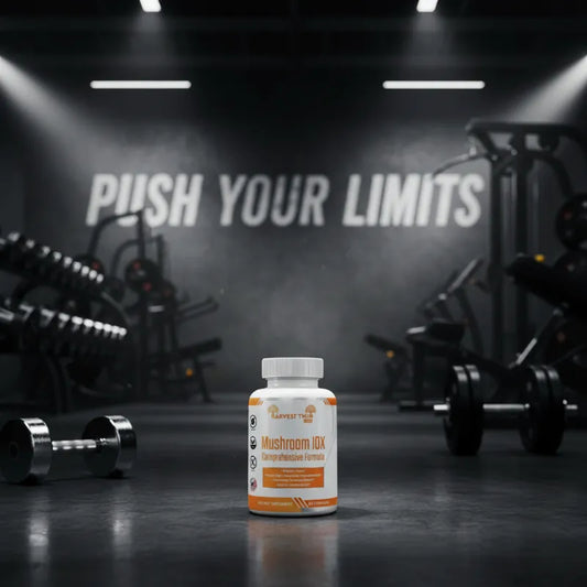A bottle of Harvest Well Labs Mushroom DX supplement stands on a dark gym floor with dumbbells and exercise equipment blurred in the background under spotlights. The wall behind reads 'PUSH YOUR LIMITS'.