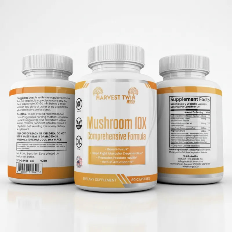 Three white supplement bottles with orange and white labels, showing the front, back, and supplement facts panels for Harvest Twista Mushroom 10X Comprehensive Formula.