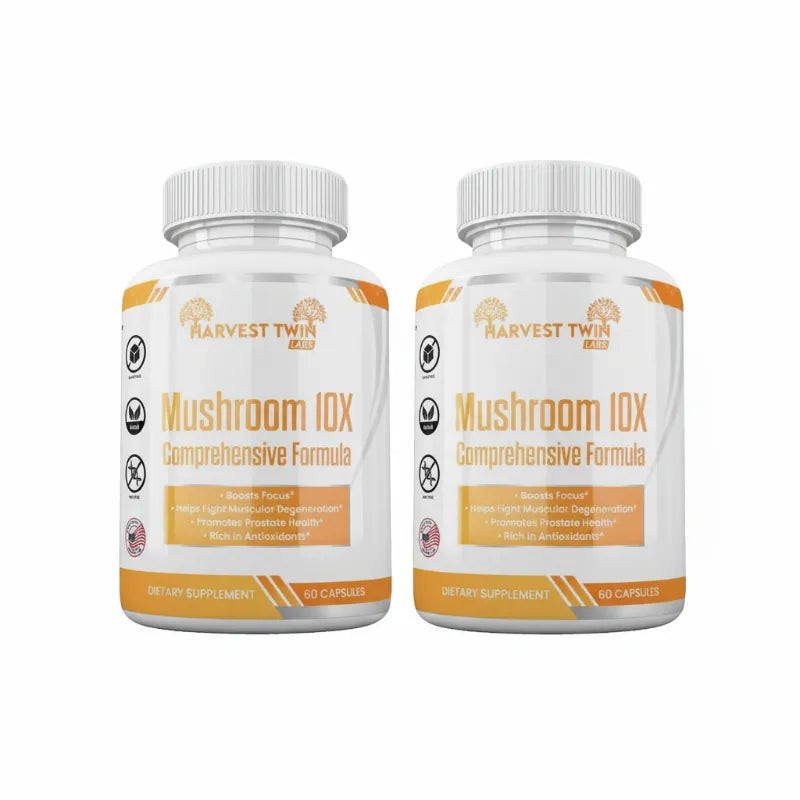 Two white plastic bottles of Harvest Twin Labs Mushroom 10X Comprehensive Formula dietary supplement, shown side-by-side on a plain white background.
