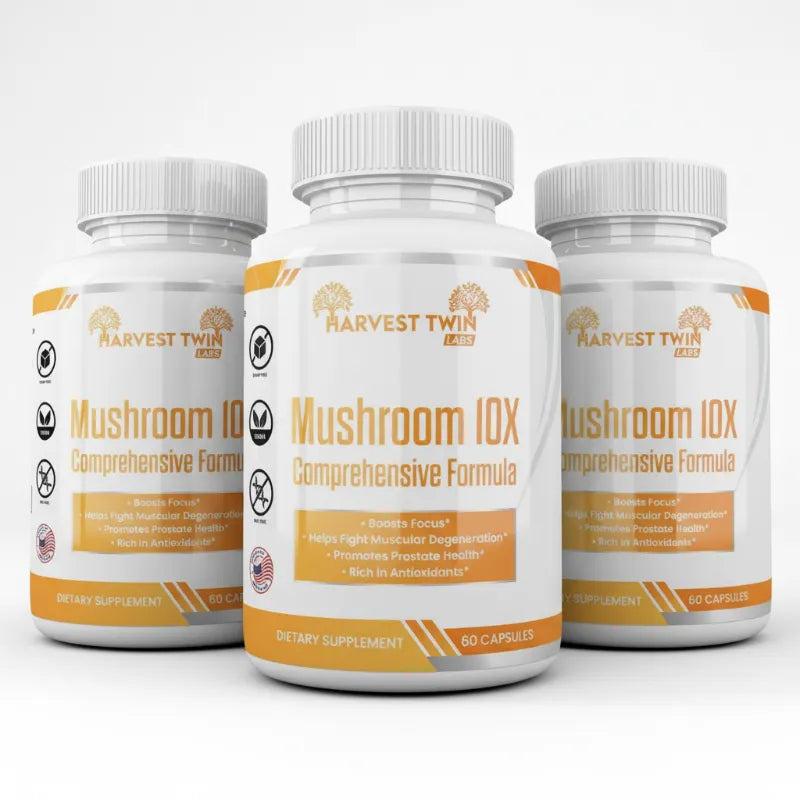 Three white supplement bottles of Harvest Twin Mushroom 10X Comprehensive Formula arranged in a fan shape on a light gray background.