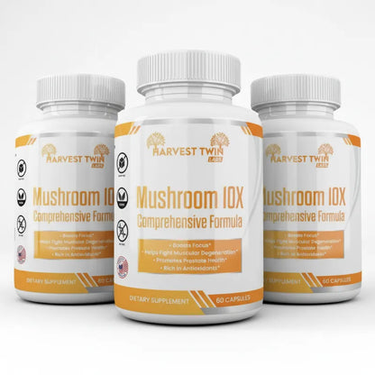 Three white supplement bottles of Harvest Twin Mushroom 10X Comprehensive Formula arranged in a fan shape on a light gray background.
