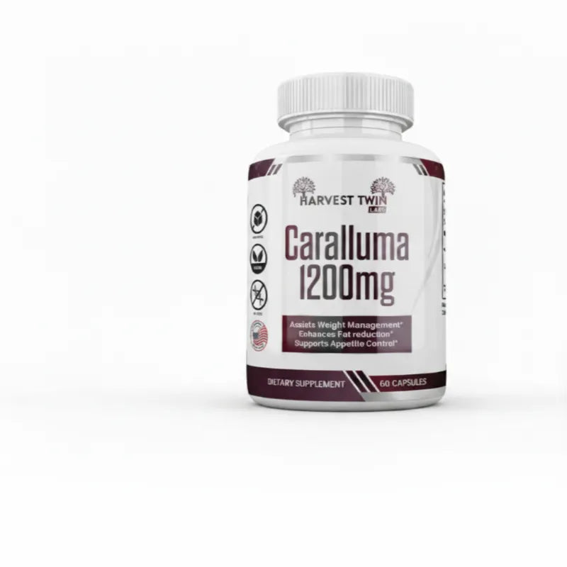 A white bottle of Harvest Twin Caralluma 1200mg dietary supplement with a white cap, shown on a clean white background.