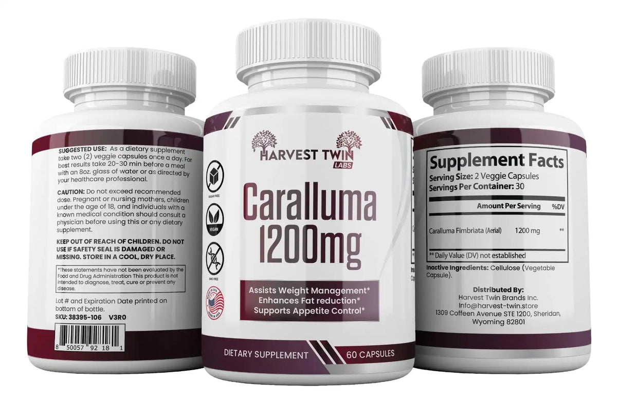 Three supplement bottles for Harvest Twin Caralluma 1200mg shown on a white background, with the center bottle facing front and the side bottles showing the back and supplement facts panels.