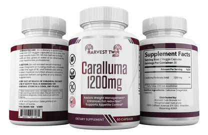 Three supplement bottles for Harvest Twin Caralluma 1200mg shown on a white background, with the center bottle facing front and the side bottles showing the back and supplement facts panels.