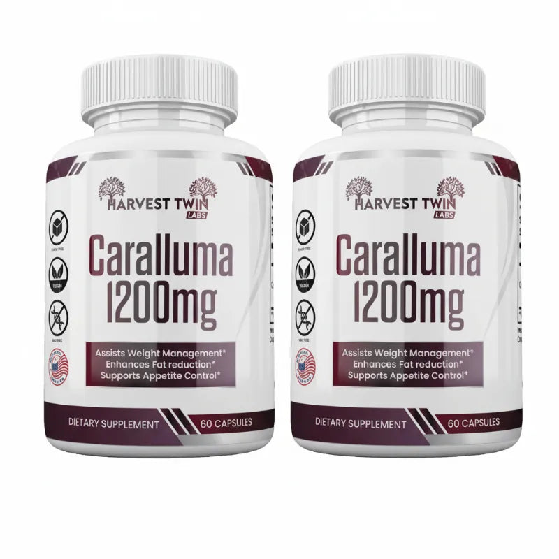Two white bottles of Harvest Twin Labs Caralluma 1200mg dietary supplement capsules shown side by side on a plain white background.