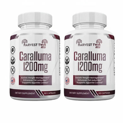 Two white bottles of Harvest Twin Labs Caralluma 1200mg dietary supplement capsules shown side by side on a plain white background.