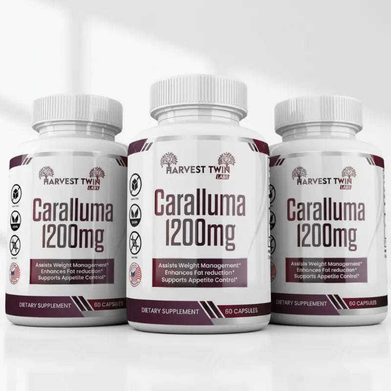 Three white bottles of Harvest Twin Health Caralluma 1200mg dietary supplement capsules, arranged in a clean studio shot against a light gray background.