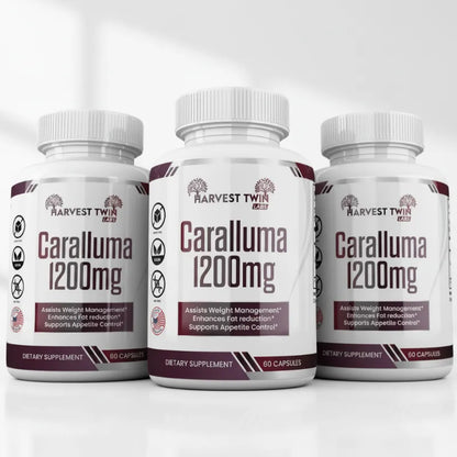 Three white bottles of Harvest Twin Health Caralluma 1200mg dietary supplement capsules, arranged in a clean studio shot against a light gray background.