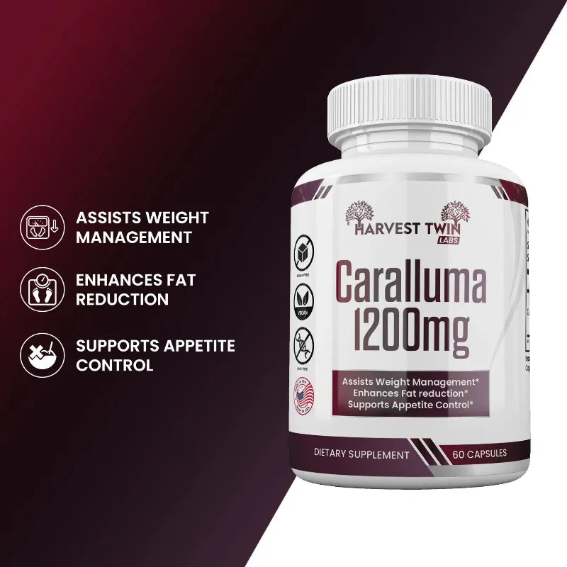 Harvest Twin Caralluma 1200mg supplement bottle with features on a dark background