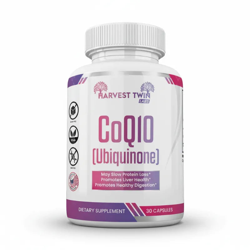 A white bottle of Harvest Twin Labs CoQ10 (Ubiquinone) dietary supplement with a white cap, featuring a white label with purple and pink accents and text.