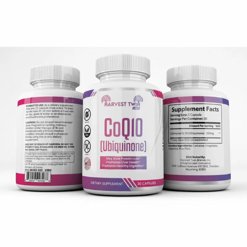 Three white supplement bottles shown on a light gray background, with the center bottle displaying the front label 'CoQ10 (Ubiquinone)' and the side bottles showing the back and supplement facts panels.