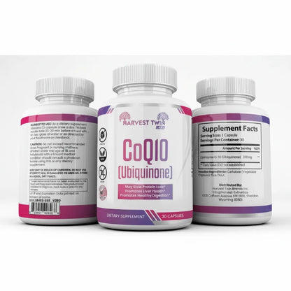 Three white supplement bottles shown on a light gray background, with the center bottle displaying the front label 'CoQ10 (Ubiquinone)' and the side bottles showing the back and supplement facts panels.