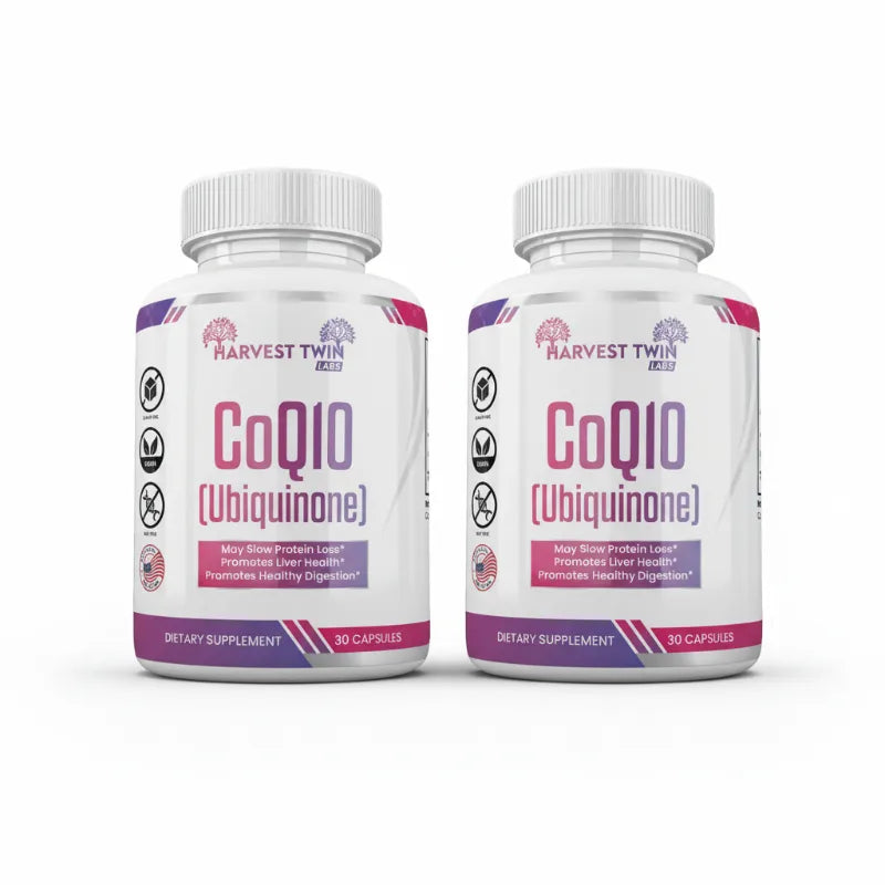 Two white supplement bottles of Harvest Twin CoQ10 (Ubiquinone) side by side on a white background.