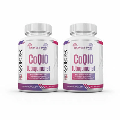 Two white supplement bottles of Harvest Twin CoQ10 (Ubiquinone) side by side on a white background.