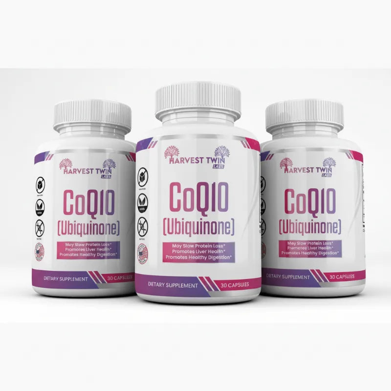 Three white supplement bottles of Harvest Twin CoQ10 (Ubiquinone) arranged in a row against a light gray background.