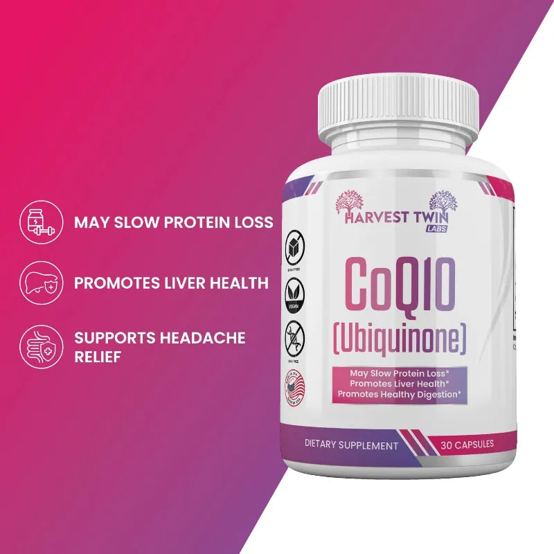 Supplement bottle labeled 'CoQ10 Ubiquinone' with features on a pink and purple gradient background