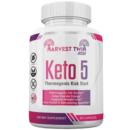 A white plastic bottle of Harvest Twin Labs Keto 5 dietary supplement, featuring a white label with pink and purple accents and text detailing its thermogenic kick start properties.