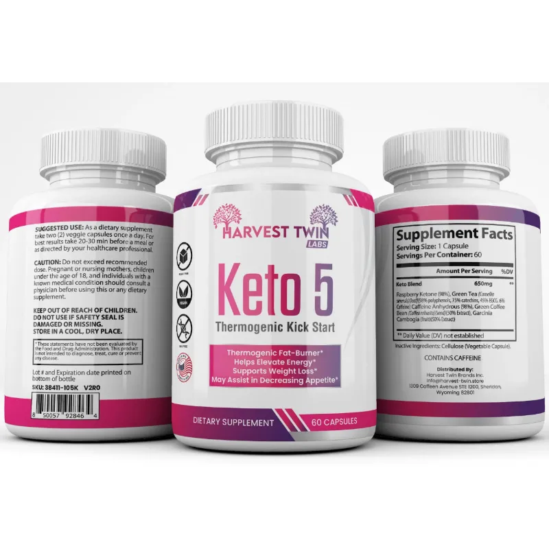 Three white bottles of dietary supplements on a white background, showing the front label of Harvest Twin Keto 5 in the center and the back and supplement facts panels of two other bottles.