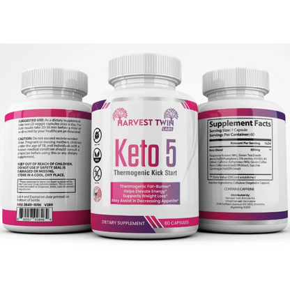 Three white bottles of dietary supplements on a white background, showing the front label of Harvest Twin Keto 5 in the center and the back and supplement facts panels of two other bottles.