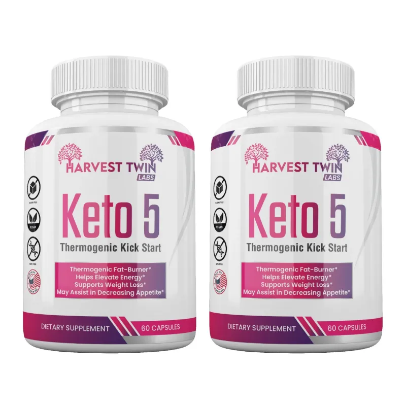 Two white bottles of Harvest Twin Labs Keto 5 Thermogenic Kick Start dietary supplement capsules, shown side by side on a plain white background.