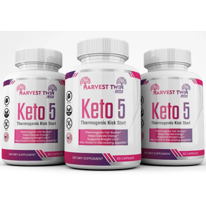 Three white bottles of Harvest Twin Labs Keto 5 Thermogenic Kick Start dietary supplement, arranged side by side against a clean white background.