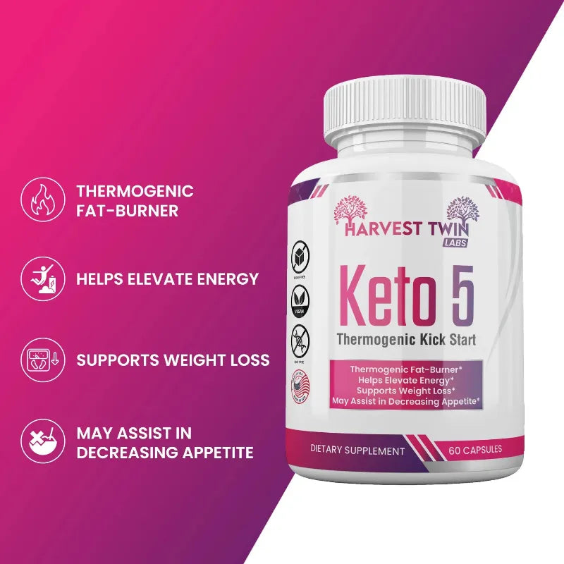 Harvest Twin Labs Keto 5 supplement bottle on a pink and purple gradient background with text highlighting benefits.