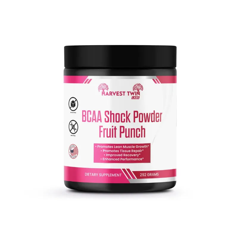 Harvest Twin BCAA Shock Powder Fruit Punch supplement container on a white background