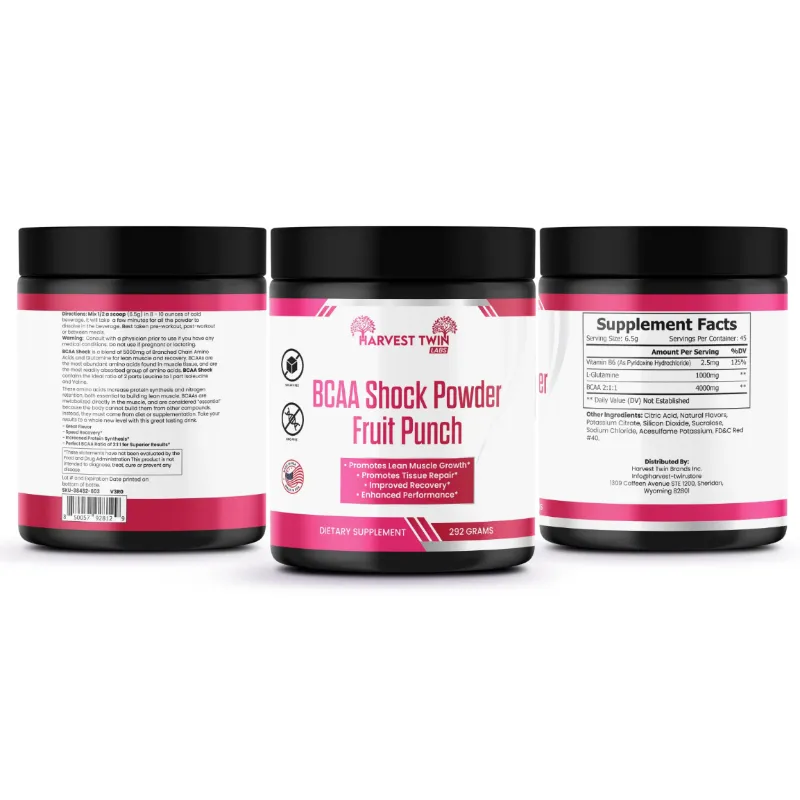 Three black supplement jars for Harvest Tree BCAA Shock Powder Fruit Punch, showing the front, back, and side labels on a white background.