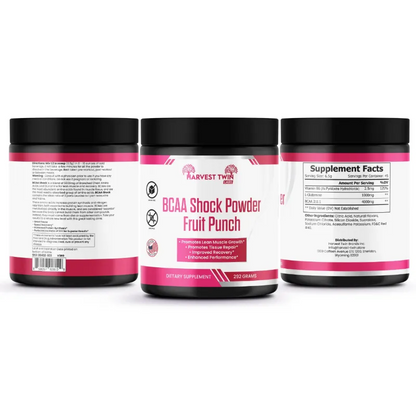 Three black supplement jars for Harvest Tree BCAA Shock Powder Fruit Punch, showing the front, back, and side labels on a white background.
