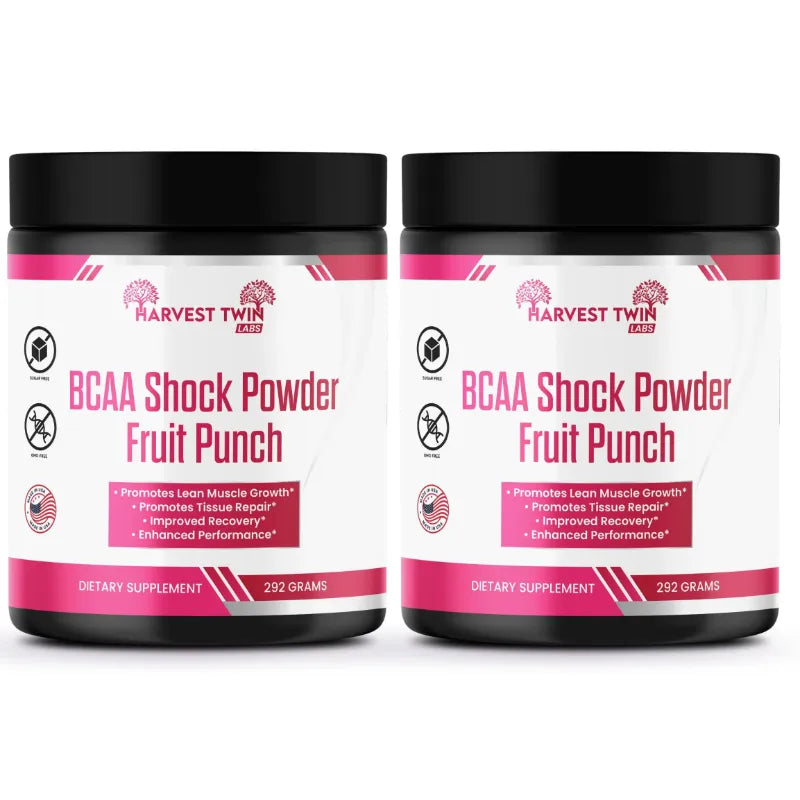 Two black plastic supplement jars of Harvest Twin BCAA Shock Powder Fruit Punch on a white background.