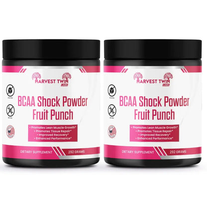 Two black plastic supplement jars of Harvest Twin BCAA Shock Powder Fruit Punch on a white background.