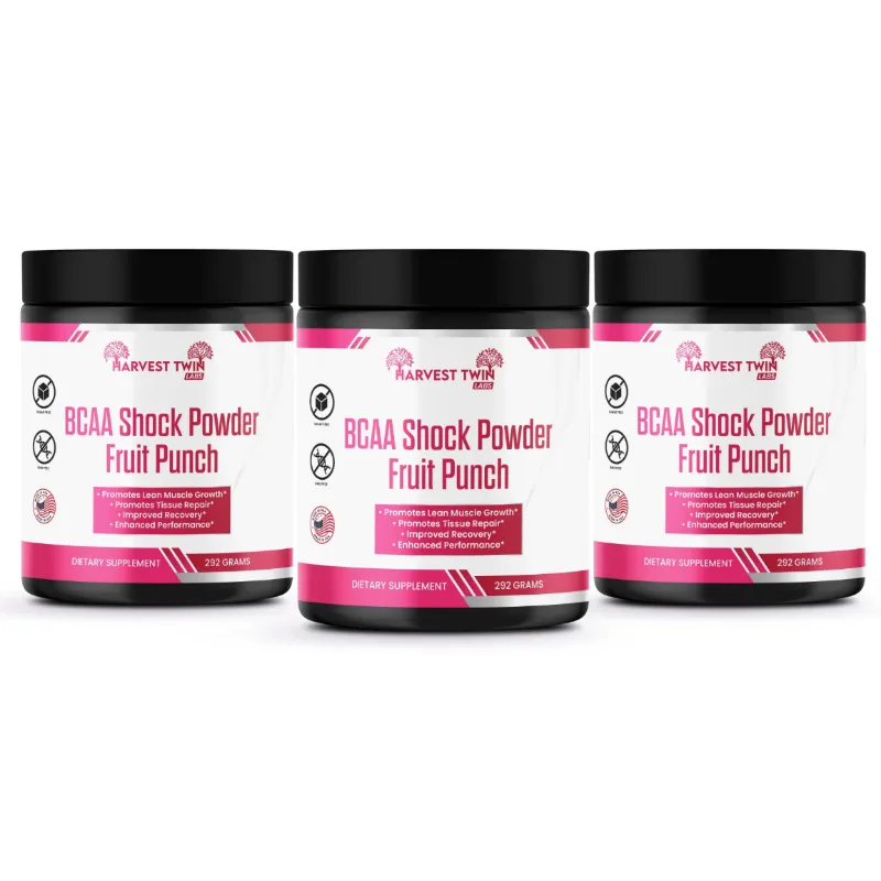 Three black plastic supplement jars of Harvest Twin BCAA Shock Powder Fruit Punch arranged side by side on a white background.