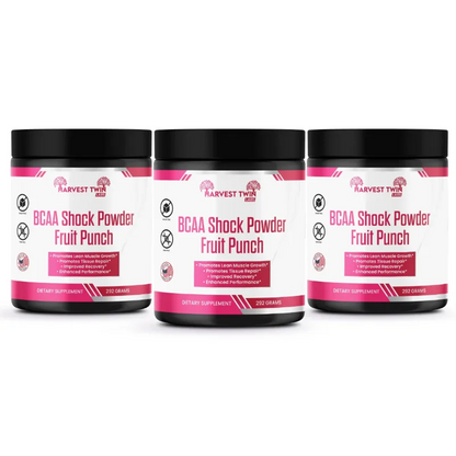 Three black plastic supplement jars of Harvest Twin BCAA Shock Powder Fruit Punch arranged side by side on a white background.