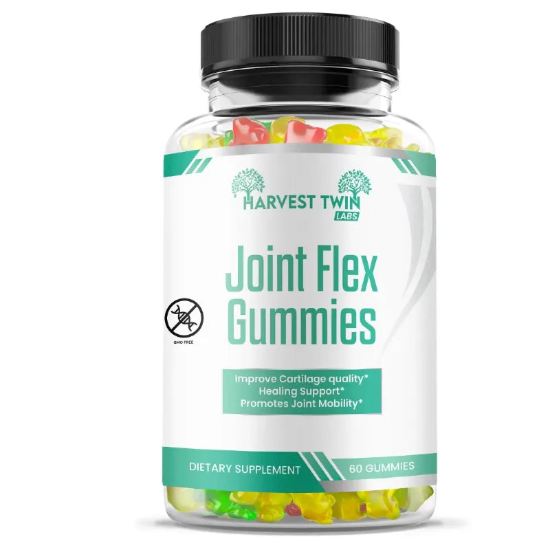 A clear plastic bottle of Harvest Twin Labs Joint Flex Gummies with a black cap and a white label featuring green accents, containing colorful gummy vitamins visible through the transparent container.