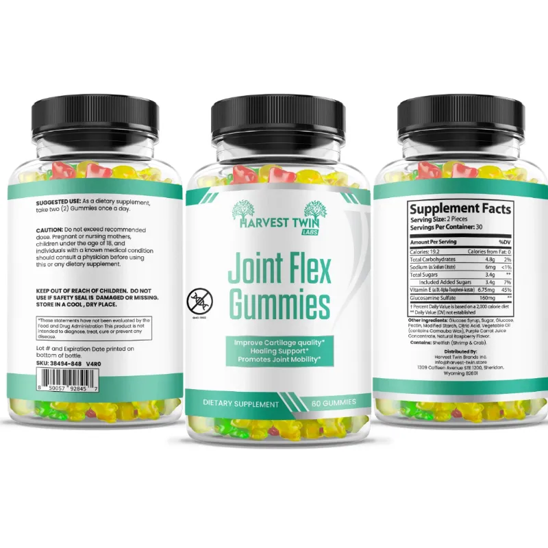 Three supplement bottles of Harvest Twin Joint Flex Gummies shown from the back, front, and side to display the labels and colorful gummies inside, on a white background.