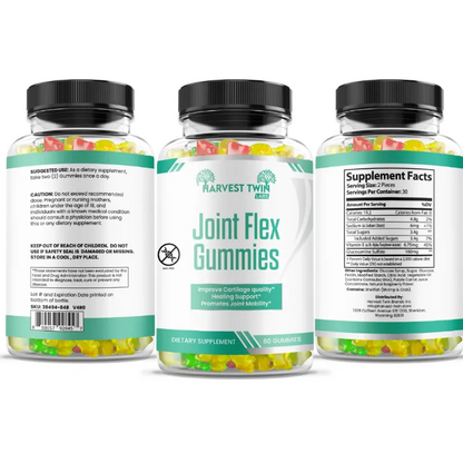 Three supplement bottles of Harvest Twin Joint Flex Gummies shown from the back, front, and side to display the labels and colorful gummies inside, on a white background.