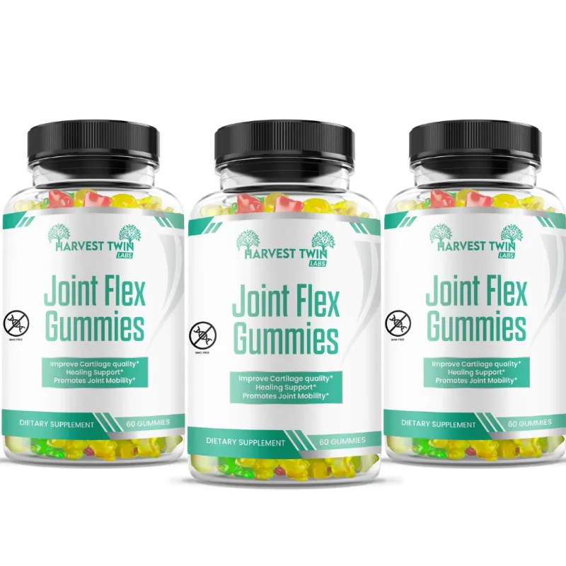 Three clear plastic bottles of Harvest Twin Joint Flex Gummies with black caps, arranged in a row against a white background.