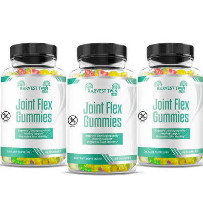Three clear plastic bottles of Harvest Twin Joint Flex Gummies with black caps, arranged in a row against a white background.
