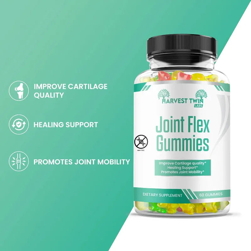 Bottle of Harvest Twin Joint Flex Gummies on a green background