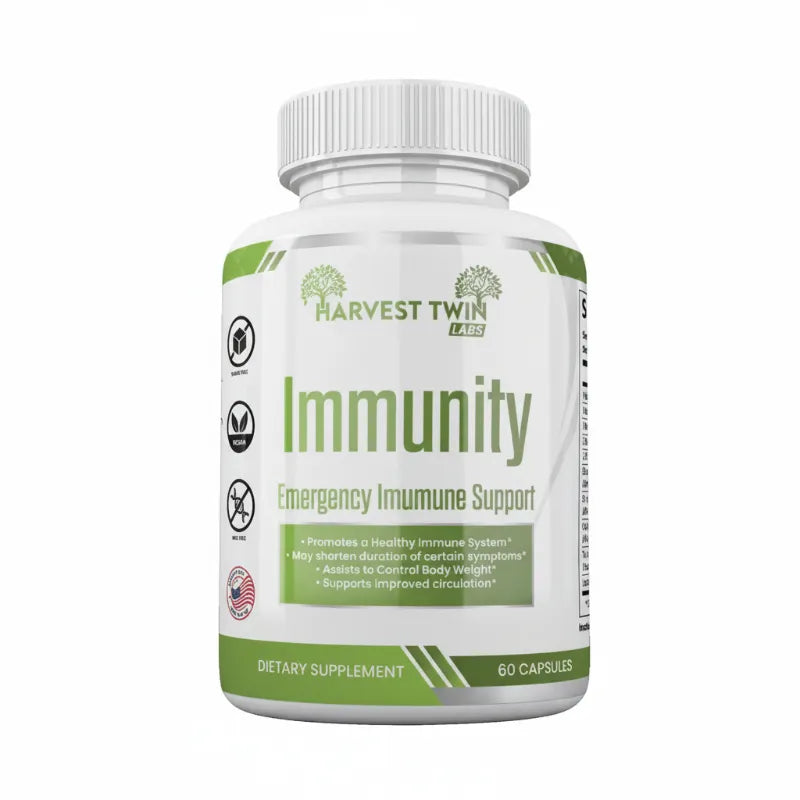 A white plastic bottle of Harvest Twin Labs Immunity Emergency Immune Support dietary supplement with a white and green label, containing 60 capsules.